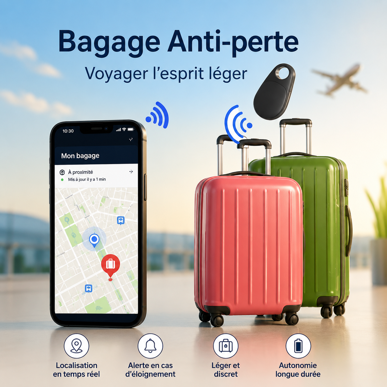 Ne perdez jamais la trace de vos bagages.
Suivez-les en temps réel, où que vous soyez.

Never lose track of your luggage. Follow it in real time, wherever you are.